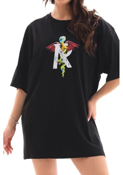 Unisex Bisiklet Yaka Baskılı Oversize T-Shirt - Siyah indirimleri