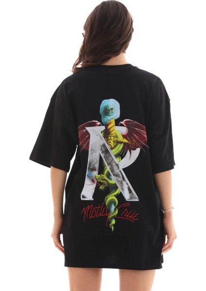 Unisex Bisiklet Yaka Baskılı Oversize T-Shirt - Siyah