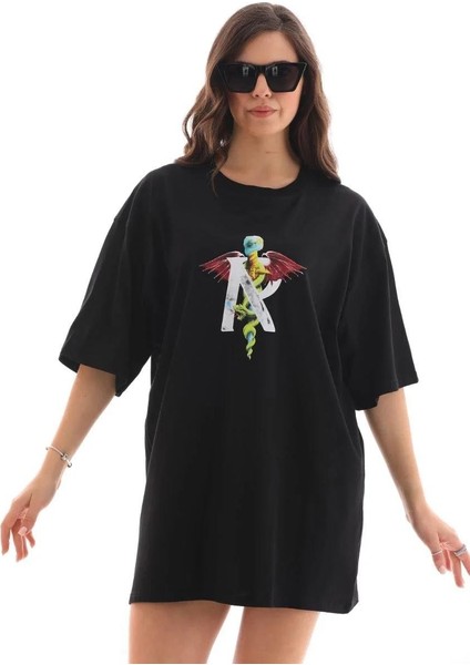 Unisex Bisiklet Yaka Baskılı Oversize T-Shirt - Siyah