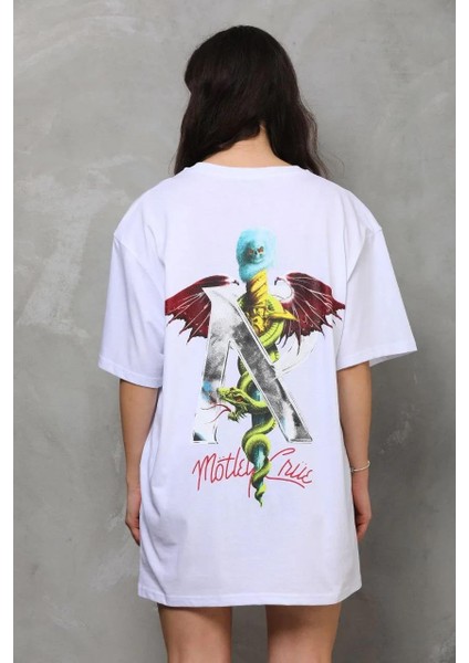 Unisex Bisiklet Yaka Baskılı Oversize T-Shirt - Beyaz modelleri