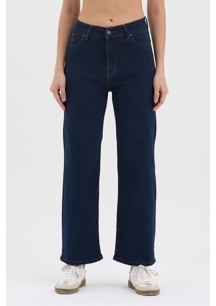 Kadın Hakan Jeans Esnek Wide Leg Koyu Mavi Yüksek Bel Kot Pantolon