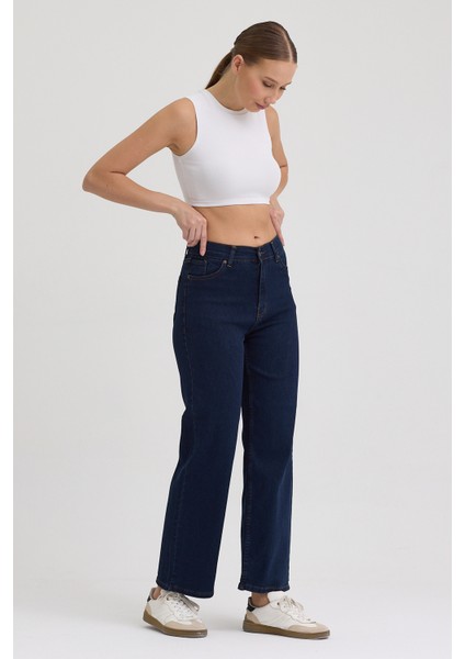 Kadın Hakan Jeans Esnek Wide Leg Koyu Mavi Yüksek Bel Kot Pantolon modelleri