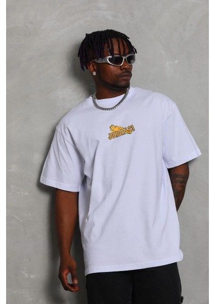 Unisex Bisiklet Yaka Baskılı Oversize T-Shirt - Beyaz modelleri