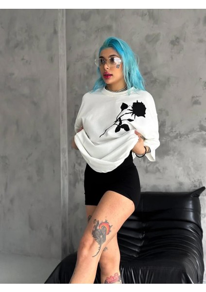 Unisex Bisiklet Yaka Baskılı Oversize T-Shirt - Beyaz fiyatları