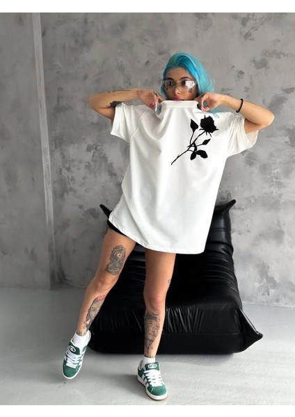 Unisex Bisiklet Yaka Baskılı Oversize T-Shirt - Beyaz modelleri