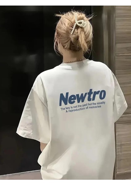 Newtro Baskılı Oversize Bisiklet Yaka T-Shirt - Beyaz