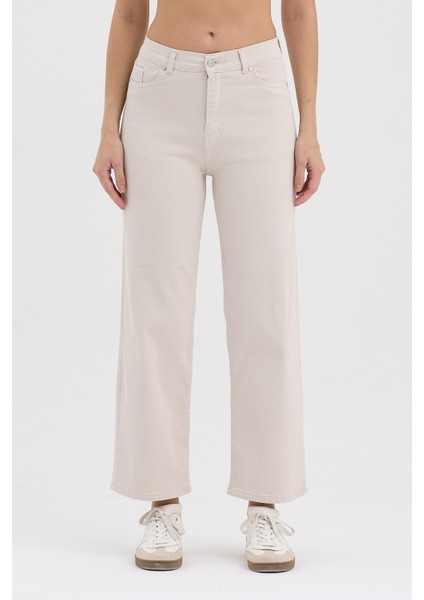 Kadın Hakan Jeans Esnek Wide Leg Ekru Yüksek Bel Kot Pantolon