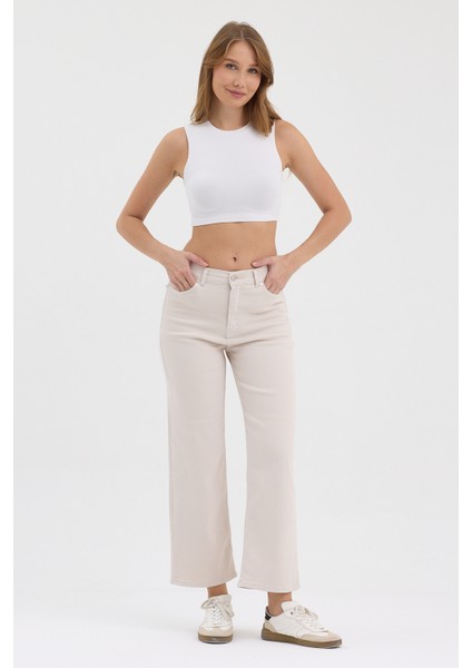 Kadın Hakan Jeans Esnek Wide Leg Ekru Yüksek Bel Kot Pantolon fiyatları