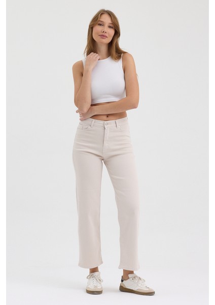 Kadın Hakan Jeans Esnek Wide Leg Ekru Yüksek Bel Kot Pantolon modelleri