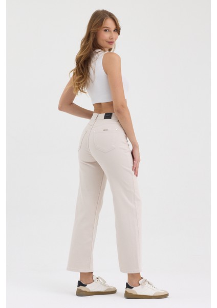 Kadın Hakan Jeans Esnek Wide Leg Ekru Yüksek Bel Kot Pantolon indirimleri