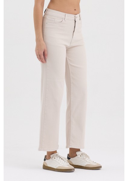 Kadın Hakan Jeans Esnek Wide Leg Ekru Yüksek Bel Kot Pantolon