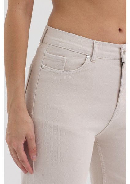Kadın Hakan Jeans Esnek Wide Leg Ekru Yüksek Bel Kot Pantolon