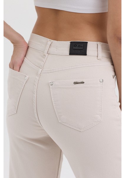 Kadın Hakan Jeans Esnek Wide Leg Ekru Yüksek Bel Kot Pantolon