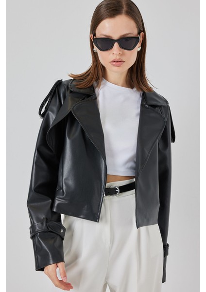 Kadın Oversize Deri Mont Ceket 1047 - Siyah