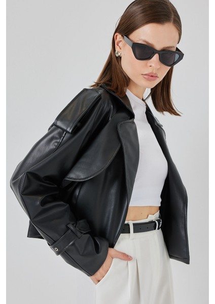 Kadın Oversize Deri Mont Ceket 1047 - Siyah modelleri