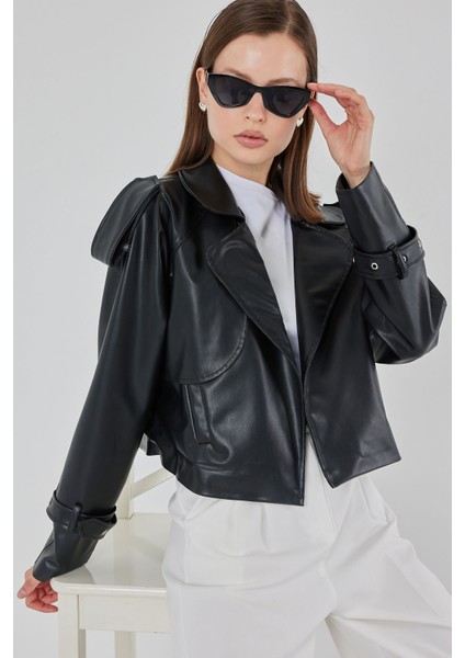 Kadın Oversize Deri Mont Ceket 1047 - Siyah fırsatları