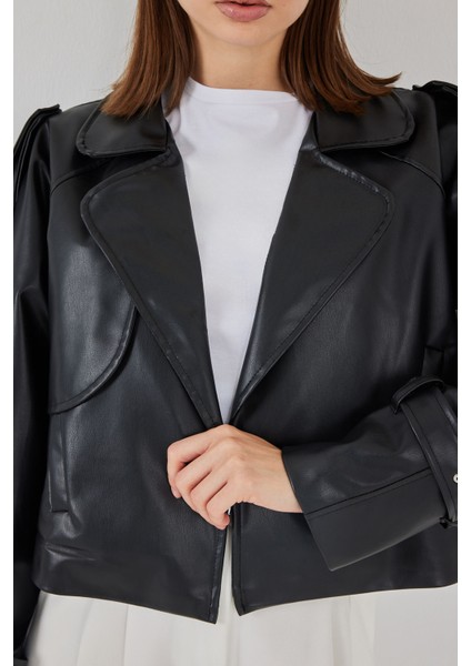 Kadın Oversize Deri Mont Ceket 1047 - Siyah indirimleri