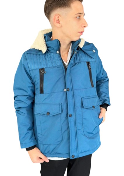 Erkek Çocuk Fermuar Torba Cepli Fermuar Çıtçıt Kapamalı Peluş Astarlı Kapüşonu Çıkabilen Mavi Mont