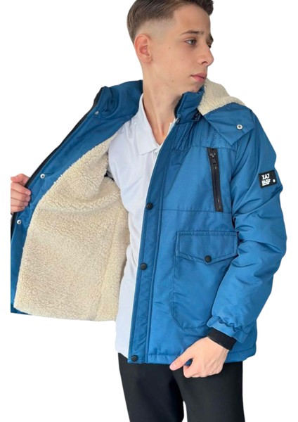 Erkek Çocuk Fermuar Torba Cepli Fermuar Çıtçıt Kapamalı Peluş Astarlı Kapüşonu Çıkabilen Mavi Mont fiyatları