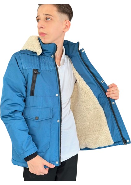 Erkek Çocuk Fermuar Torba Cepli Fermuar Çıtçıt Kapamalı Peluş Astarlı Kapüşonu Çıkabilen Mavi Mont modelleri