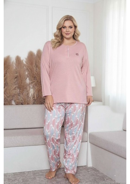 Kadın Çiçek Desen 3 Düğme Likralı Viskon Mevsimlik Büyük Beden Uzun Kol Pijama Takımı