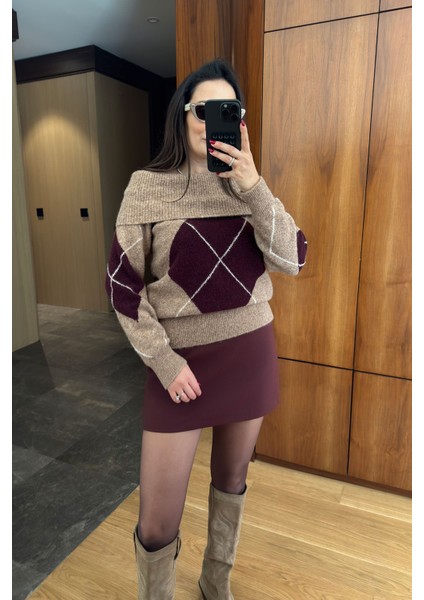 Madonna Yaka Baklava Desen Triko Kazak- Bordo