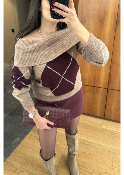 Madonna Yaka Baklava Desen Triko Kazak- Bordo fiyatları