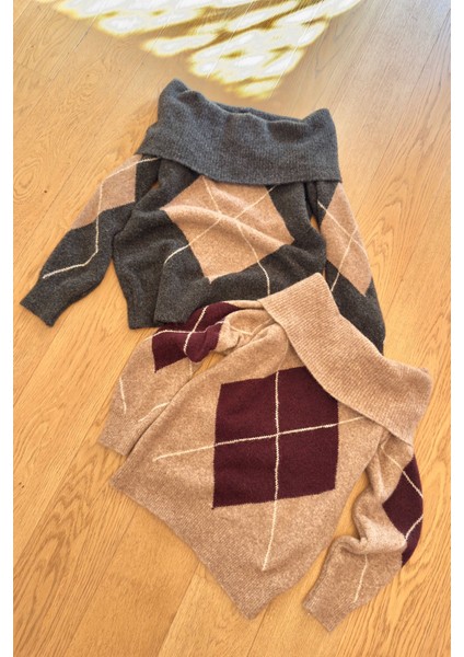 Madonna Yaka Baklava Desen Triko Kazak- Bordo fırsatları