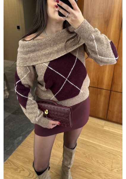 Madonna Yaka Baklava Desen Triko Kazak- Bordo indirimleri