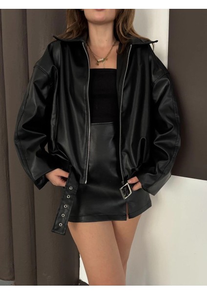 Astarlı Kemerli Bomber Deri Ceket Siyah fiyatları