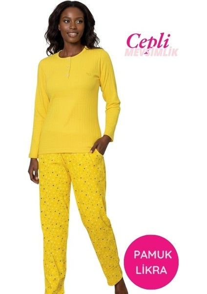 Kadın Sarı Çiçek Desen Mevsimlik Pamuklu Penye Uzun Kol Cepli Pijama Takımı-Slim Fit Dar Kalıp