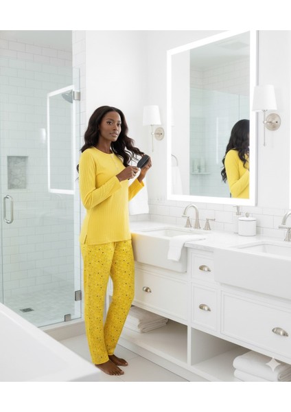 Kadın Sarı Çiçek Desen Mevsimlik Pamuklu Penye Uzun Kol Cepli Pijama Takımı-Slim Fit Dar Kalıp fırsatları