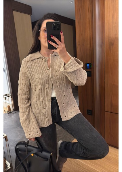 Ajurlu Orj Marka Tasarım Hırka- Bej