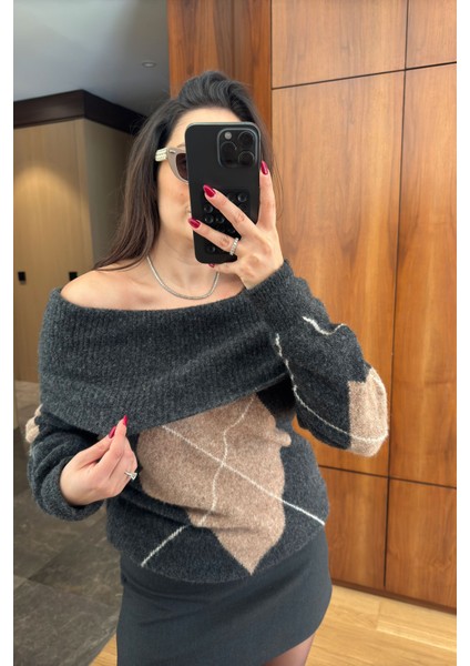 Madonna Yaka Baklava Desen Triko Kazak- Antrasit