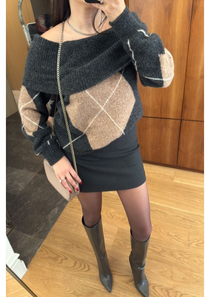 Madonna Yaka Baklava Desen Triko Kazak- Antrasit fiyatları