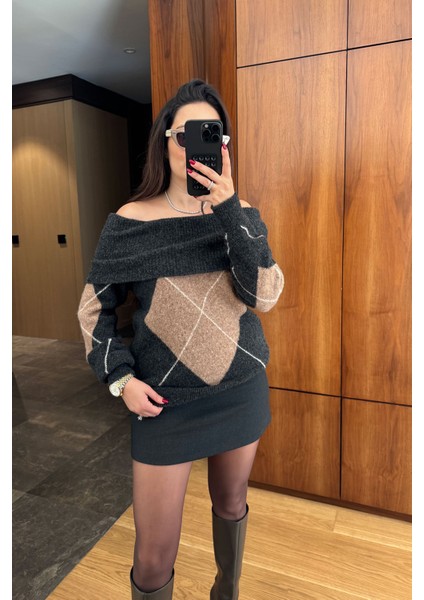 Madonna Yaka Baklava Desen Triko Kazak- Antrasit modelleri