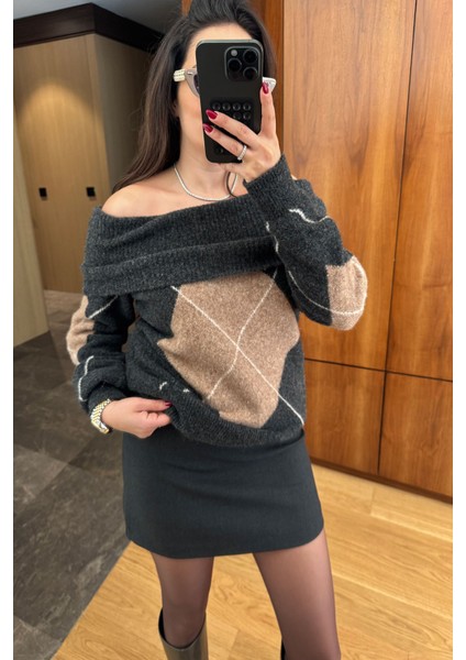 Madonna Yaka Baklava Desen Triko Kazak- Antrasit indirimleri