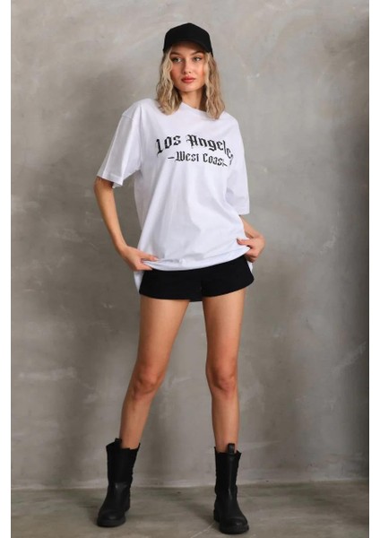 Unisex Baskılı Oversize T-Shirt - Beyaz fırsatları