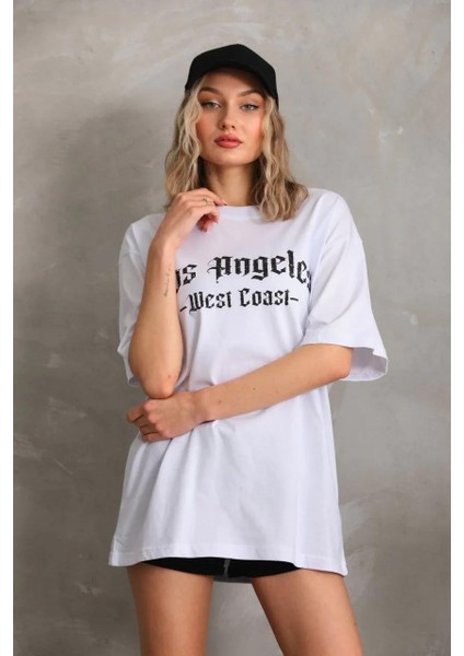 Unisex Baskılı Oversize T-Shirt - Beyaz indirimleri