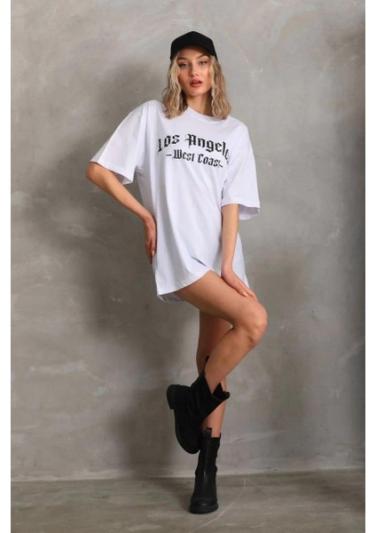 Unisex Baskılı Oversize T-Shirt - Beyaz
