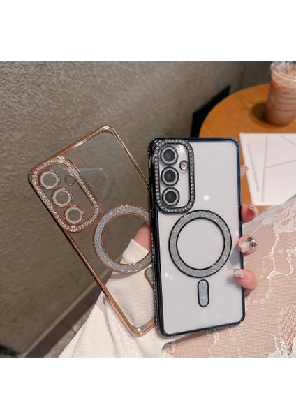 Samsung A07 Uyumlu Şeffaf Taşlı Magsafe Özellikli Kılıf