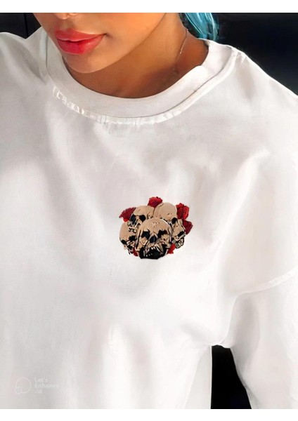 Unisex Bisiklet Yaka Baskılı Oversize T-Shirt - Beyaz fiyatları