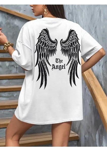 20/1 Penye Compack Dark Angel Baskılı Oversize Kısa Kol Yazlık T-Shirt- Beyaz