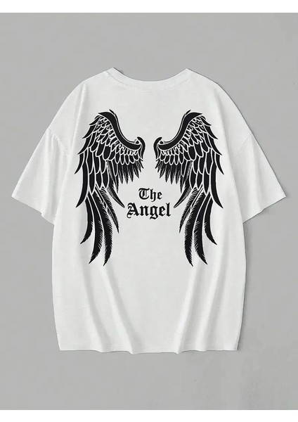 20/1 Penye Compack Dark Angel Baskılı Oversize Kısa Kol Yazlık T-Shirt- Beyaz modelleri