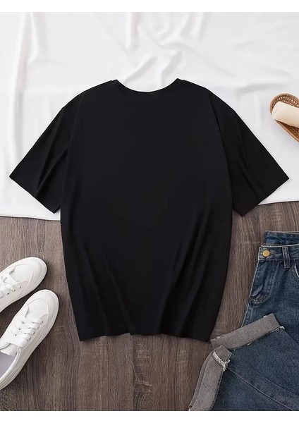 20/1 Penye Compack Baskılı Oversize Bisiklet Yaka Kısa Kol Yazlık T-Shirt - Siyah fırsatları