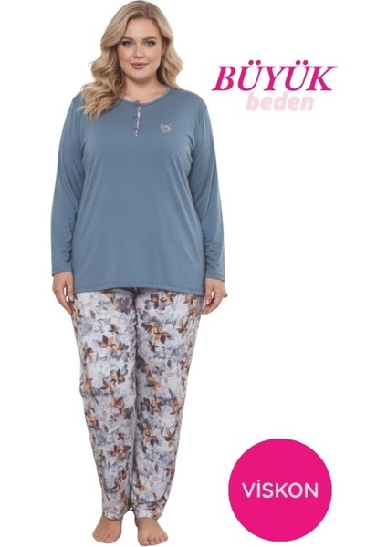 Kadın Çiçek Desen 3 Düğme Likralı Viskon Mevsimlik Büyük Beden Uzun Kol Pijama Takımı