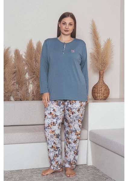 Kadın Çiçek Desen 3 Düğme Likralı Viskon Mevsimlik Büyük Beden Uzun Kol Pijama Takımı