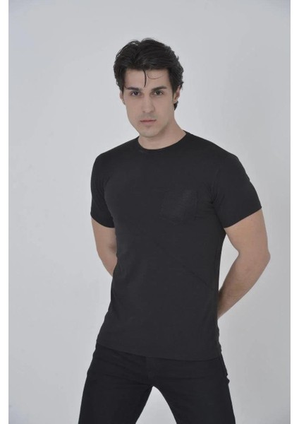 Erkek File Cepli Slim Fit T-Shirt - Siyah fiyatları