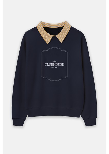 Lacivert Gömlek Yaka Şardonlu Baskılı Oversize Sweatshirt modelleri