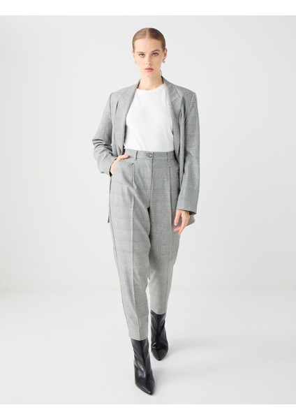 Grı Normal Bel Düz Kesim Desenli Dokuma Pantolon